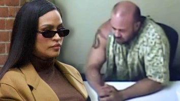 Cassie Ventura in a tan coat and sunglasses / Jon Oddi sitting in a medical gown in an interrogation room 