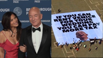 Jeff Bezos and Lauren Sanchez, a large sign that says, "If you can rent Venice for your wedding you can pay more tax"
